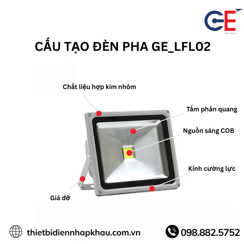 Đèn pha LED vỏ ghi xám GE_LFL02 với cấu tạo phù hợp mọi điều kiện 
