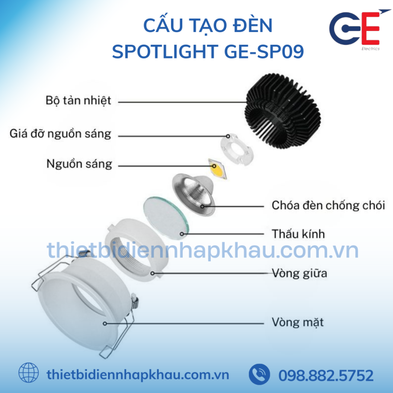 Cấu tạo đèn Spotlight âm trần GE-SP09 