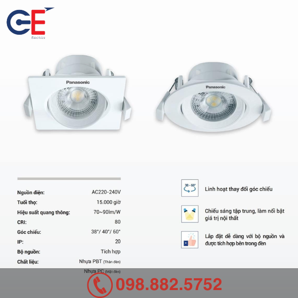 Đặc điểm của Đèn downlight âm trần điều chỉnh góc Panasonic vuông 7W 60 độ