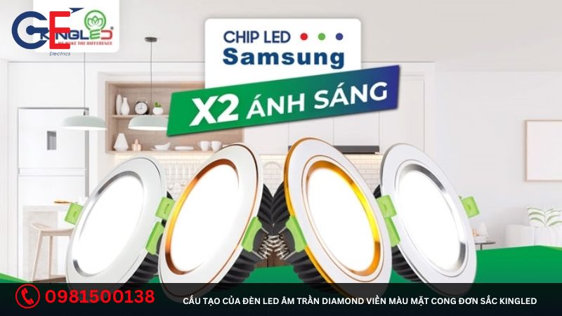 Cấu tạo của đèn Led âm trần Diamond viền màu mặt cong đơn sắc Kingled