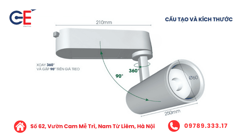 Cấu tạo kích thước đèn rọi ray