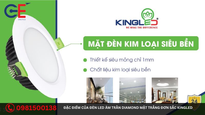 Đặc điểm của đèn Led âm trần Diamond mặt trắng đơn sắc Kingled