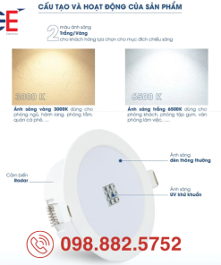 Đèn LED Downlight Rạng Đông diệt khuẩn AT21.UV 90/7W ánh sáng vượt trội