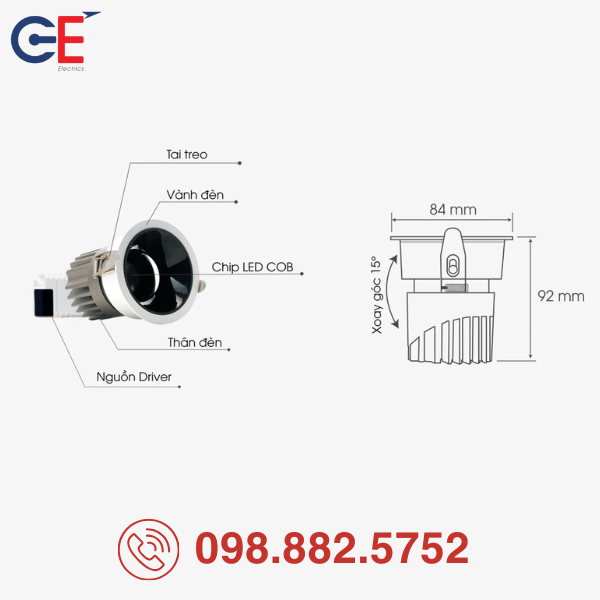 Đèn LED Downlight xoay góc Rạng Đông AT39 76/12W vật liệu tản nhiệt cao cấp 